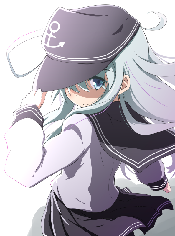 1girl adjusting_clothes adjusting_hat blue_eyes hat hibiki_(kantai_collection) kantai_collection long_hair panikuru_yuuto school_uniform serafuku silver_hair smile