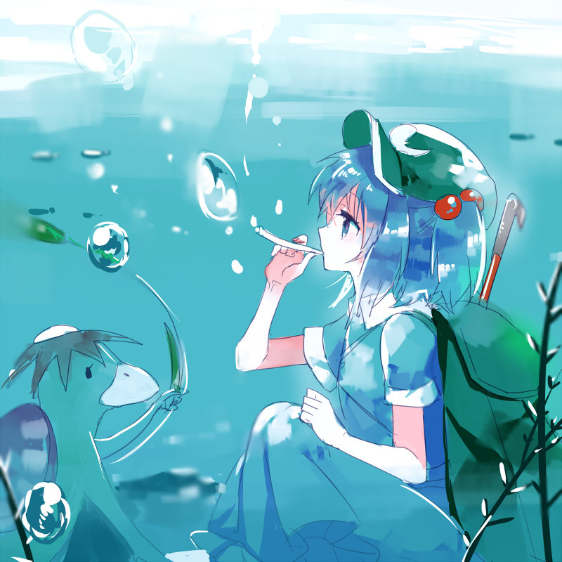 1girl backpack bag blue_eyes blue_hair bubble hair_bobbles hair_ornament hat kappa kawashiro_nitori nr_(cmnrr) profile shirt short_hair short_sleeves sitting skirt skirt_set touhou twintails underwater vest