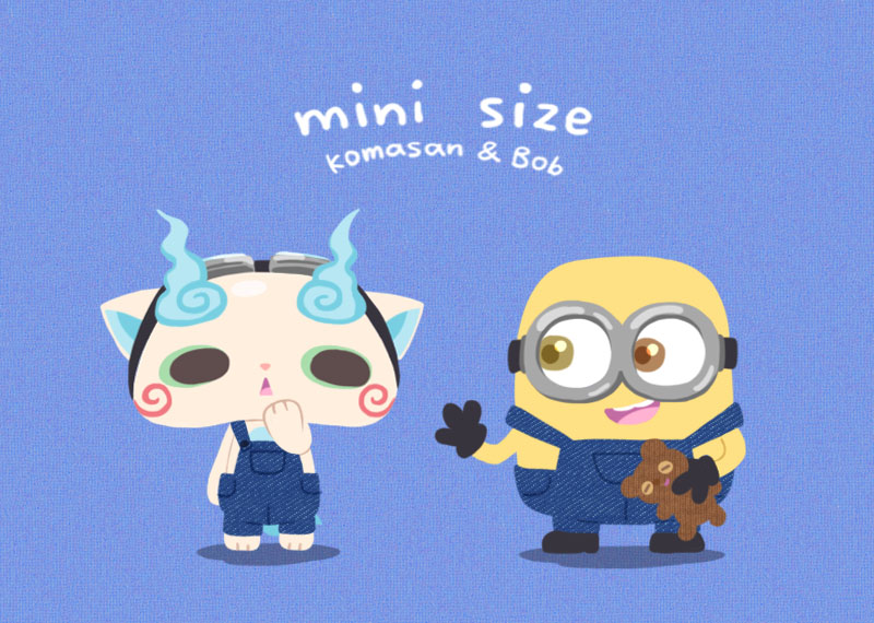 blue_background bob_(despicable_me) chuno crossover despicable_me full_body gloves goggles goggles_on_head heterochromia koma-san minion_(despicable_me) no_humans open_mouth overalls standing triangle_mouth youkai youkai_watch