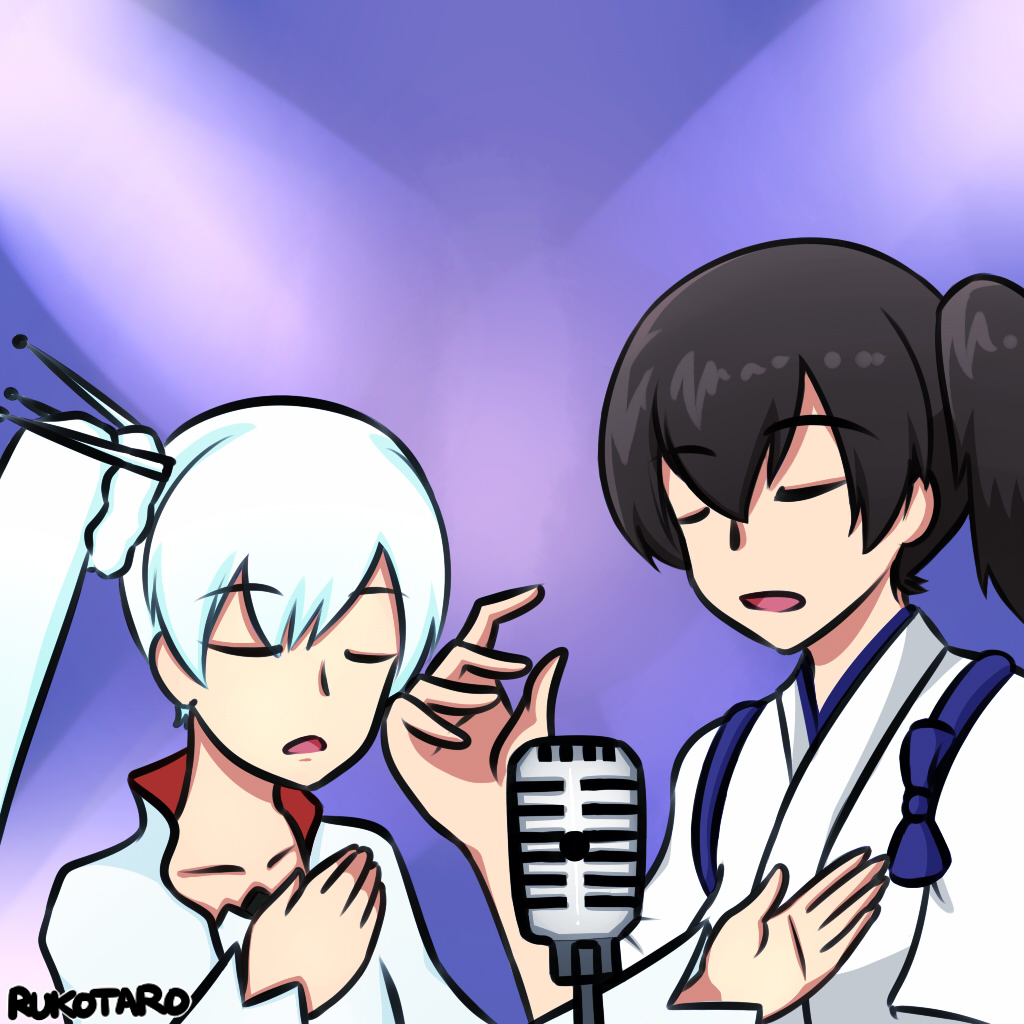 2girls brown_hair closed_eyes crossover kaga_(kantai_collection) kantai_collection microphone_stand multiple_girls open_mouth rukotaro rwby side_ponytail singing weiss_schnee white_hair