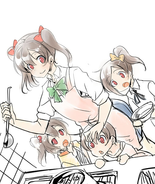 1boy 3girls ajishio apron cooking hair_bobbles hair_ornament hand_on_another's_head ladle love_live!_school_idol_project multiple_girls open_mouth petting red_eyes short_twintails siblings side_ponytail skirt smile twintails yazawa_kokoa yazawa_kokoro yazawa_kotarou yazawa_nico