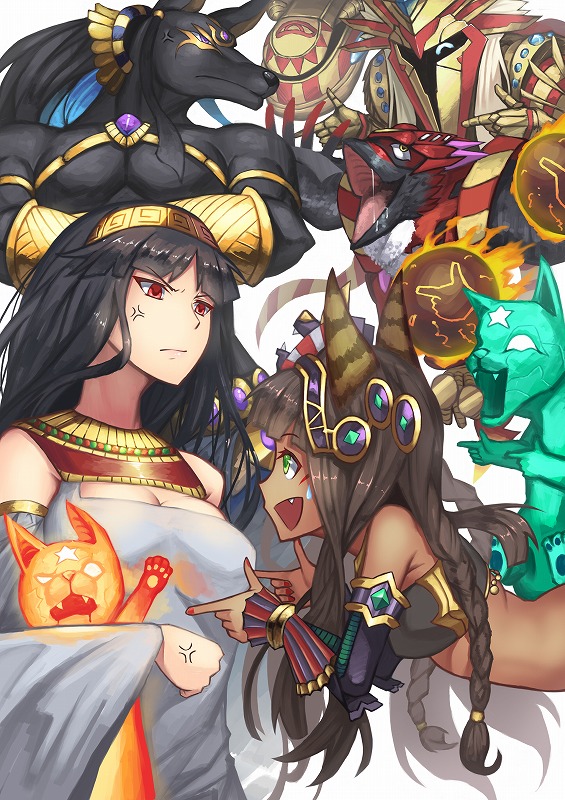 2girls :d anger_vein animal_ears anubis_(p&amp;d) badominton bastet_(p&amp;d) black_hair breasts brown_hair cat cat_ears cleavage commentary_request dark_skin dress egyptian fang frown green_eyes hairband horus_(p&amp;d) jackal jewelry long_hair multiple_girls nail_polish necklace open_mouth pointing puzzle_&amp;_dragons ra_(p&amp;d) red_eyes red_nails sideways_mouth smile star strapless sweatdrop tubetop white_dress