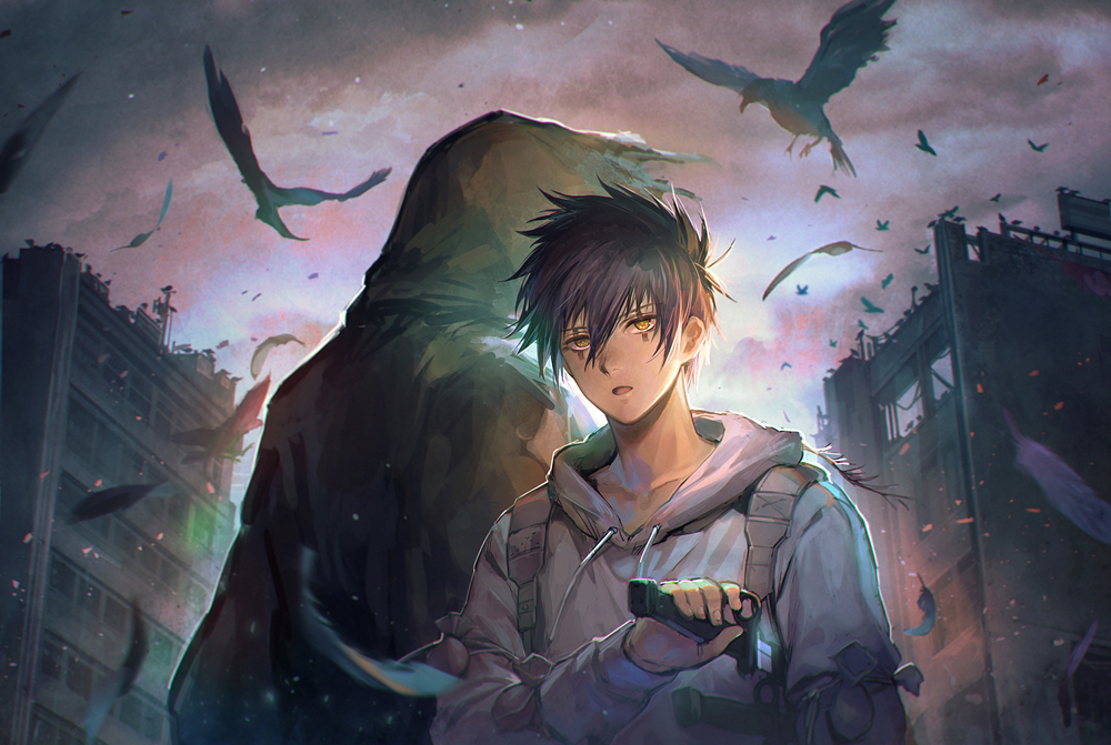 2boys animal bangs bird black_hair building dagger dokuga dorohedoro drawstring facial_mark facing_away feathers hair_between_eyes holster holstered_weapon hood hood_down hood_up hooded_coat hoodie kai_(dorohedoro) knife long_sleeves male_focus multiple_boys open_mouth outdoors overcast panco sheath short_hair shoulder_holster symbol-shaped_pupils torn_clothes torn_coat unsheathing upper_body weapon white_hoodie wind yellow_eyes