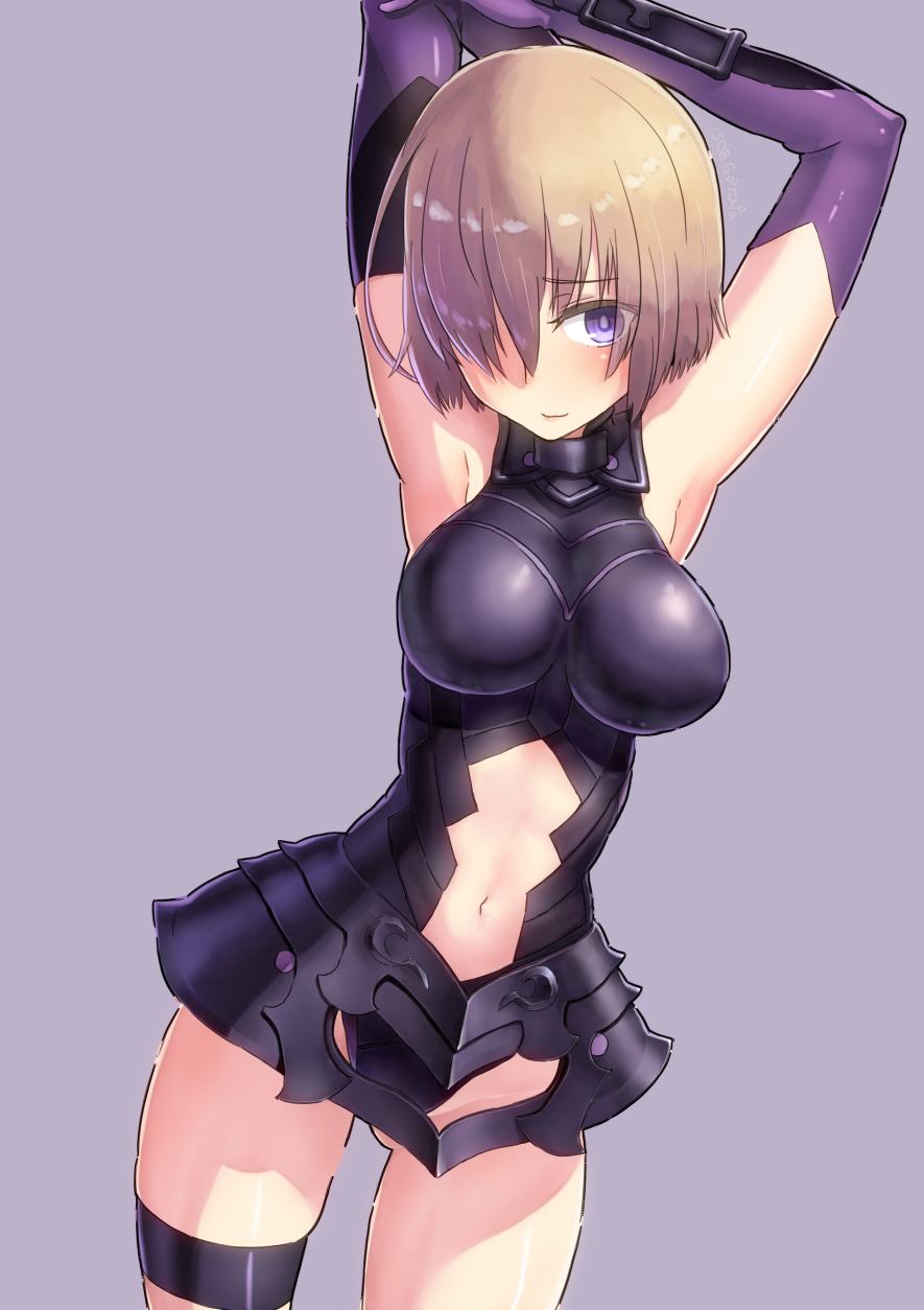 1girl armor armpits arms_up brown_hair elbow_gloves fate/grand_order fate_(series) garutaisa gloves hair_over_one_eye highres midriff navel shielder_(fate/grand_order) short_hair smile solo violet_eyes