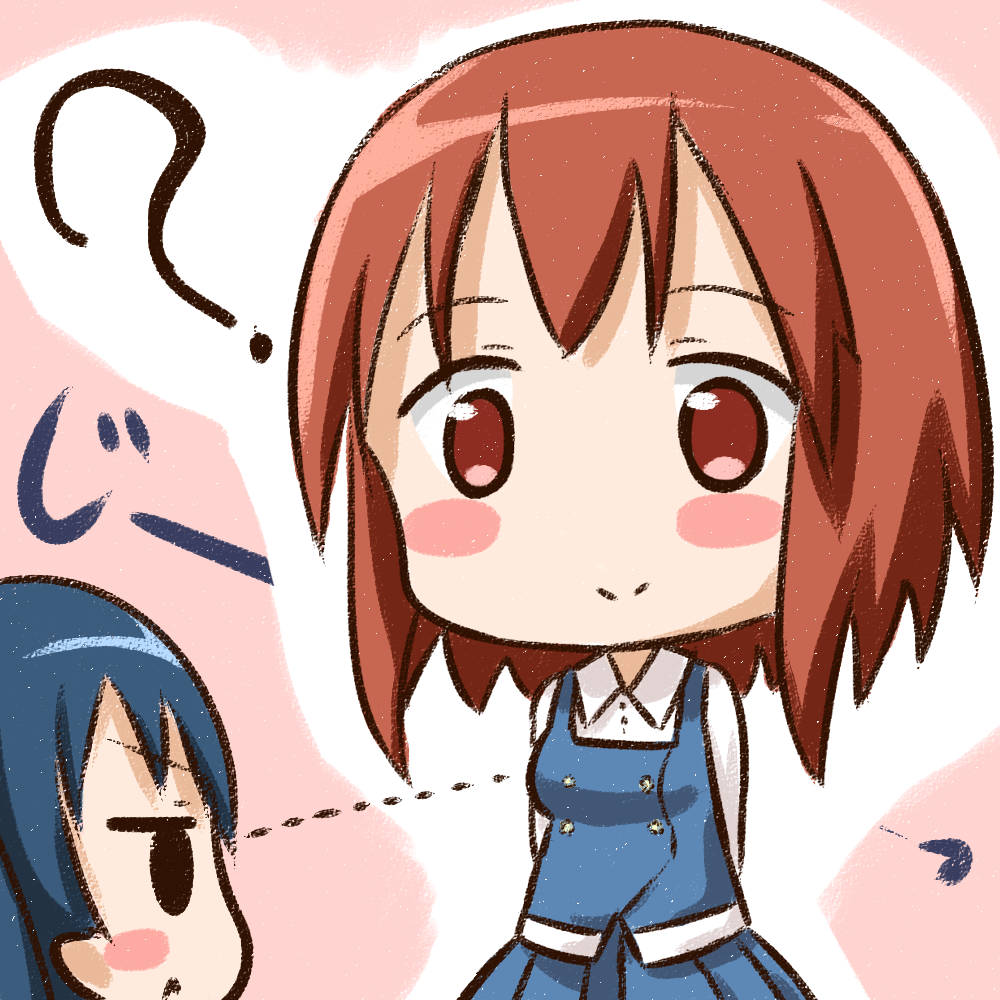 2girls :&lt; ? arms_behind_back blue_hair blush_stickers brown_eyes brown_hair commentary dotted_line hana_kazari inokuma_youko kin-iro_mosaic komichi_aya looking_at_breasts multiple_girls school_uniform smile staring