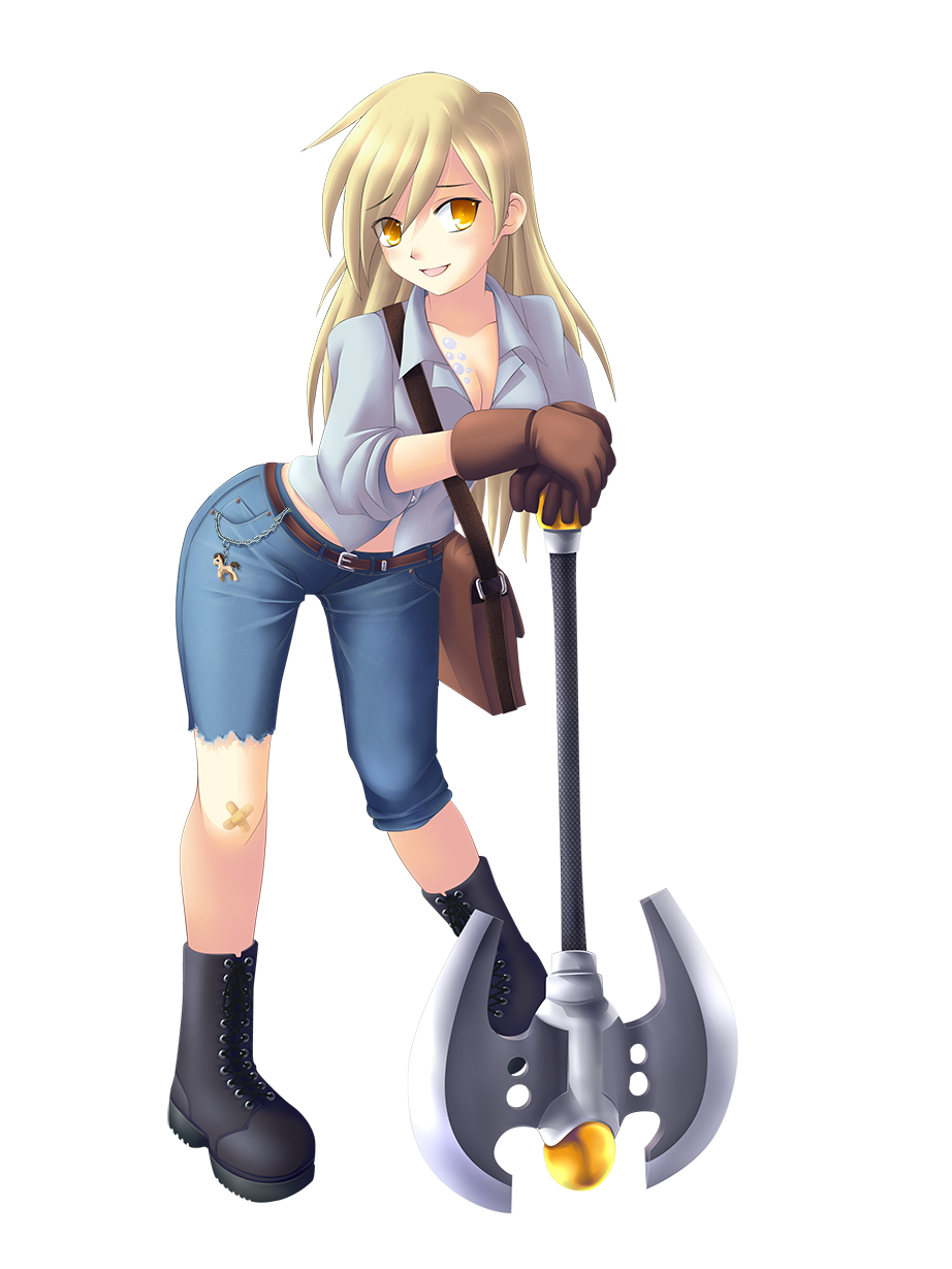 applejack axe blonde_hair boots breasts cleavage gloves highres my_little_pony my_little_pony_friendship_is_magic personification weapon yatonokami yellow_eyes