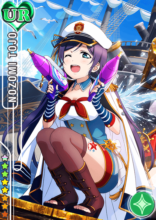1girl ;d bangs bird blue_eyes blue_gloves blue_sky blush boat boots cannon card_(medium) character_name clouds collarbone detached_collar diamond_(shape) dual_wielding dutch_angle fingerless_gloves gloves hat heart high_heel_boots high_heels jacket_on_shoulders leg_tattoo long_hair love_live!_school_idol_festival love_live!_school_idol_project low_twintails military military_uniform naval_uniform neckerchief official_art one_eye_closed open_mouth open_toe_shoes peaked_cap purple_hair seagull ship shoes sky smile solo splashing squatting star steering_wheel striped striped_gloves swept_bangs tassel tattoo thigh-highs toujou_nozomi twintails uniform water water_gun