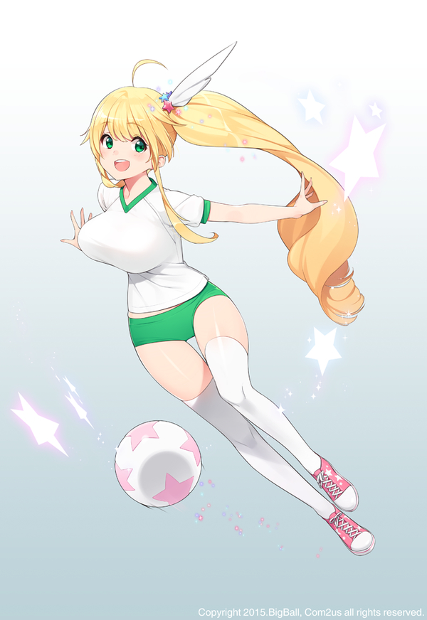 1girl 2015 ball blonde_hair breasts company_name full_body gradient gradient_background green_eyes gym_uniform hair_ribbon large_breasts lia_(soccer_spirits) long_hair ponytail ribbon smile soccer_ball soccer_spirits ssberit star thigh-highs very_long_hair white_legwear