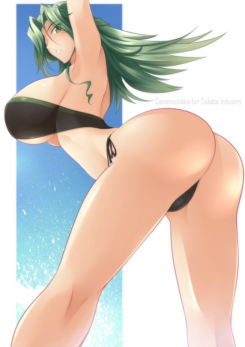 1girl ass bikini green_eyes green_hair lamia_loveless long_hair looking_back solo super_robot_wars swimsuit thong thong_bikini