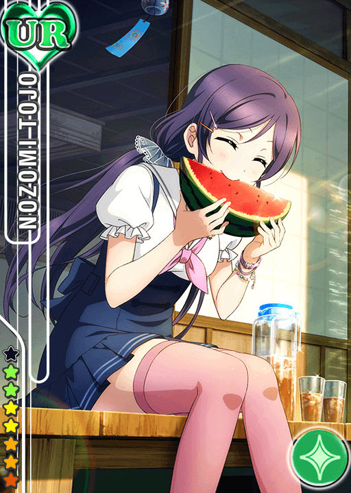 1girl ^_^ bangs blue_skirt blush bracelet card_(medium) character_name closed_eyes diamond_(shape) eating food frilled_sleeves frills fruit glass hair_ornament hairclip heart holding holding_fruit iced_tea jewelry knees_together_feet_apart leaning_forward light_rays long_hair love_live!_school_idol_festival love_live!_school_idol_project neckerchief official_art pink_legwear pitcher pleated_dress porch puffy_short_sleeves puffy_sleeves purple_hair sailor_collar scrunchie shirt short_sleeves sitting skirt sliding_doors smile solo star swept_bangs thigh-highs toujou_nozomi watermelon white_shirt wind wind_chime