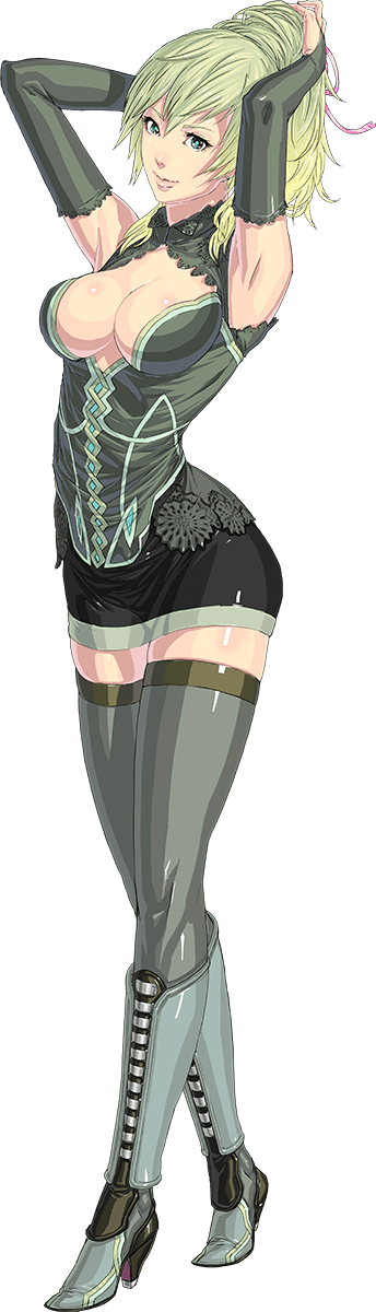 1girl bare_shoulders black_legwear boots breasts cleavage fiona_(border_break) full_body green_eyes green_hair highres large_breasts lips long_hair looking_at_viewer miniskirt sega simple_background skirt smile solo thigh-highs white_background zettai_ryouiki