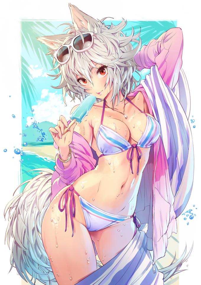1girl :p animal_ears arm_up beach bikini bracelet breasts cleavage contrapposto front-tie_top groin hair_between_eyes inubashiri_momiji jacket jewelry jpeg_artifacts looking_at_viewer matsuda_(matsukichi) navel necklace off_shoulder outdoors palm_tree pendant popsicle red_eyes side-tie_bikini silver_hair solo sparkle sunglasses sunglasses_on_head sweat swimsuit tail tongue tongue_out touhou tree water_drop