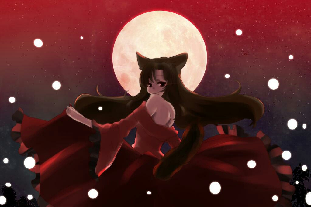 1girl airplane animal_ears bare_shoulders brown_hair dress fingernails full_moon imaizumi_kagerou long_fingernails long_hair long_sleeves looking_at_viewer looking_back moon nail_polish red_eyes sky smile solo star star_(sky) starry_sky tail touhou wolf_ears wolf_tail