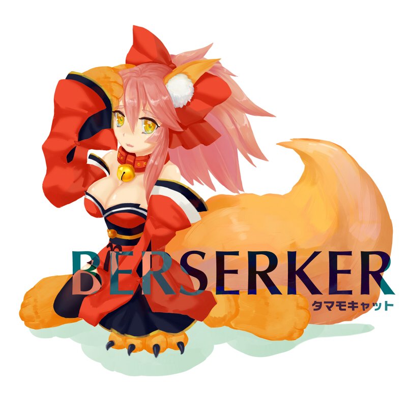 1girl animal_ears bare_shoulders bell bell_collar breasts character_name cleavage collar detached_sleeves fate/grand_order fate_(series) fox_ears fox_tail hair_ribbon hand_on_head japanese_clothes large_breasts looking_at_viewer open_mouth pink_hair ribbon simple_background solo tagme tail tamamo_cat_(fate/grand_order) tears white_background yellow_eyes