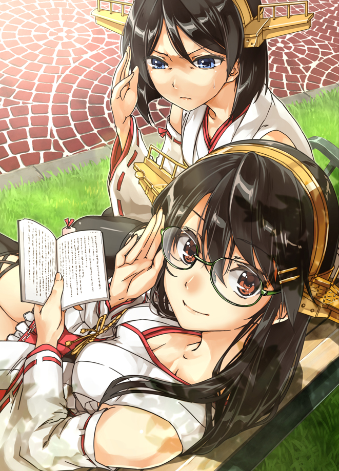 2girls abo_(hechouchou) adjusting_glasses bare_shoulders black_hair blue_eyes book brown_eyes detached_sleeves glasses glasses_switch green-framed_glasses hair_ornament hairband hairclip haruna_(kantai_collection) headgear japanese_clothes kantai_collection kirishima_(kantai_collection) long_hair looking_at_viewer multiple_girls nontraditional_miko park_bench revision short_hair smile