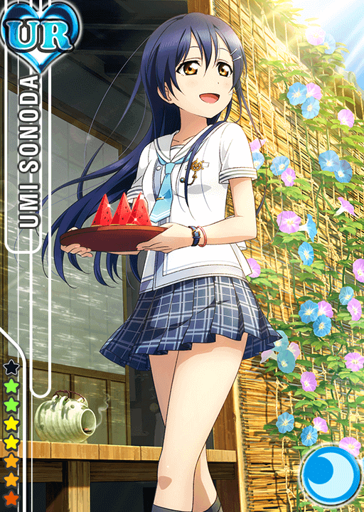 1girl :d blouse blue_hair blue_necktie blue_skirt bracelet brooch brown_eyes building card_(medium) character_name crescent_moon flower food fruit hair_between_eyes hair_ornament hairclip heart holding_plate house jewelry katori_buta light_rays long_hair looking_to_the_side love_live!_school_idol_festival love_live!_school_idol_project moon morning_glory mosquito_coil necktie official_art open_mouth outdoors plaid plaid_skirt plant pleated_skirt porch sailor_collar shirt short_sleeves skirt sleeve_cuffs sliding_doors smile solo sonoda_umi standing star summer sunbeam sunlight veranda watch watch watermelon white_blouse white_shirt wind