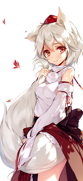 1girl animal_ears blush detached_sleeves hat hug inubashiri_momiji japanese_clothes ke-ta leaf long_sleeves looking_at_viewer maple_leaf pom_pom_(clothes) red_eyes sample shirt short_hair silver_hair skirt smile solo string tail tail_hug tokin_hat touhou turtleneck wide_sleeves wolf_ears wolf_tail