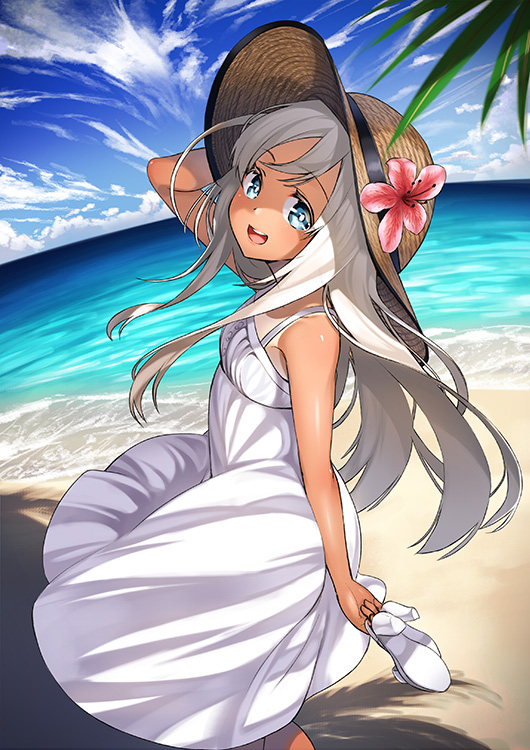 1girl :d arm_behind_back bangs bare_shoulders beach blonde_hair blue_eyes blue_sky blush clouds dress flower from_side hand_behind_head hat hat_flower hat_ribbon holding holding_shoes horizon kantai_collection kyon_(fuuran) long_hair looking_at_viewer looking_back ocean open_mouth outdoors ribbon ro-500_(kantai_collection) shoes shoes_removed sky sleeveless sleeveless_dress smile solo straw_hat sun_hat sundress sunlight tan tanline tree_shade white_dress
