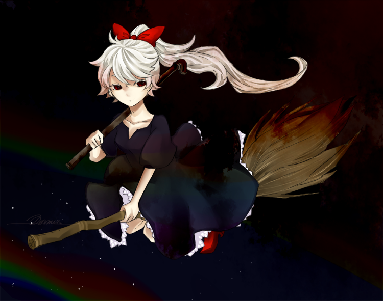 .flow 1girl bangs blood bow broom broom_riding collarbone hair_bow holding_weapon lead_pipe nemuru_(nahunahu) red_bow red_eyes sabitsuki solo white_hair witch