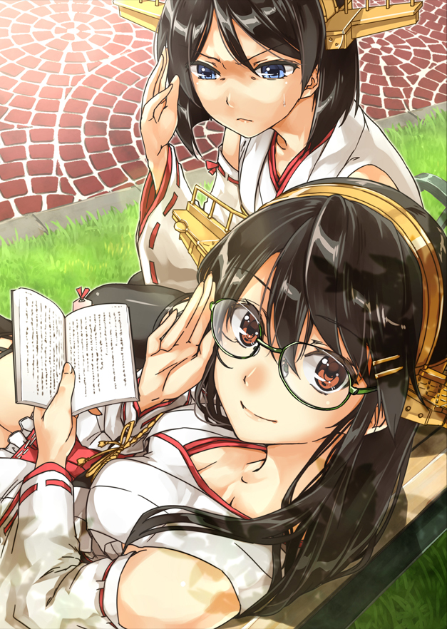 2girls abo_(hechouchou) adjusting_glasses bare_shoulders black_hair blue_eyes book brown_eyes detached_sleeves glasses glasses_switch green-framed_glasses hair_ornament hairband hairclip haruna_(kantai_collection) headgear japanese_clothes kantai_collection kirishima_(kantai_collection) long_hair looking_at_viewer multiple_girls nontraditional_miko park_bench short_hair smile