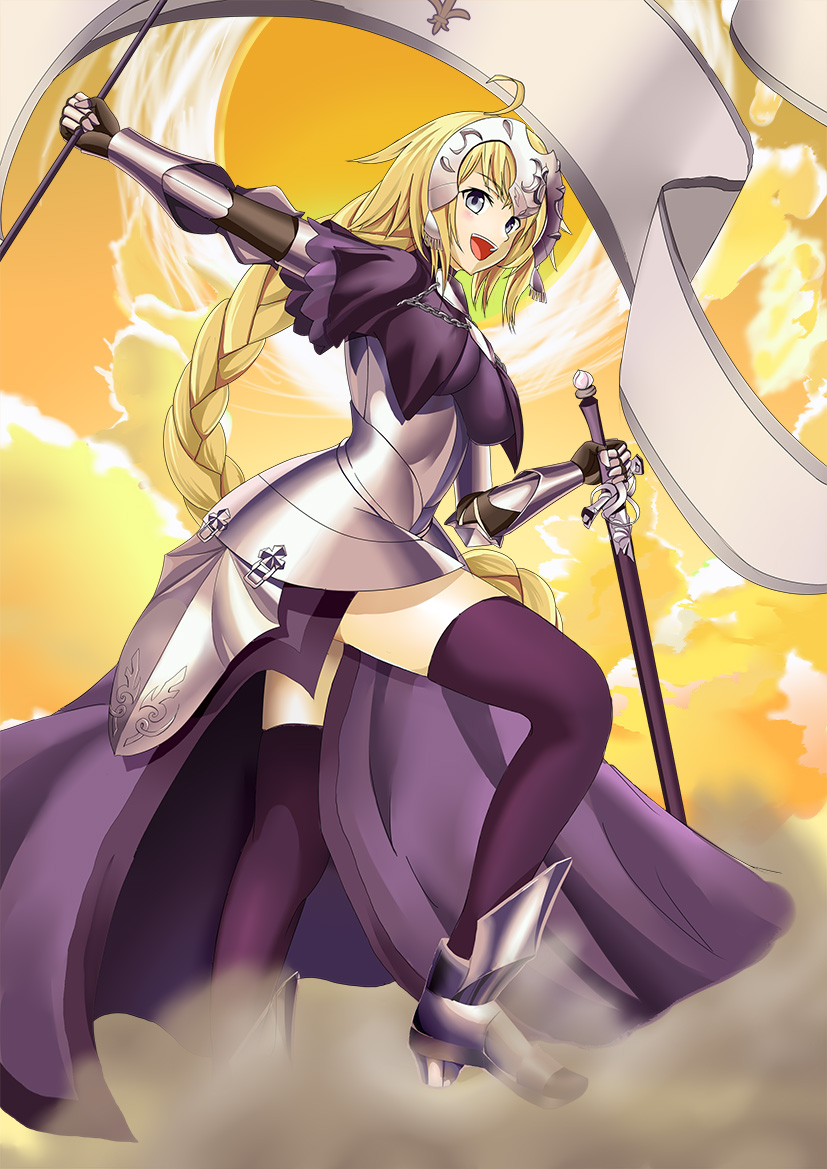 1girl armor armored_dress blonde_hair braid capelet fate/apocrypha fate_(series) flag gauntlets headpiece long_hair love-saber purple_legwear ruler_(fate/apocrypha) single_braid solo thigh-highs