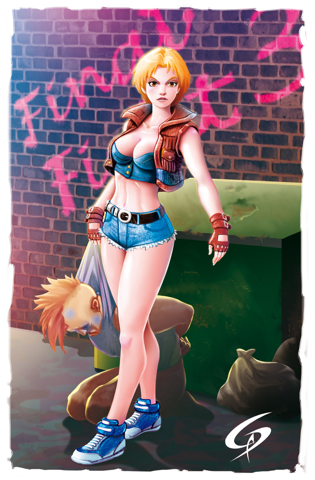 1boy 1girl blonde_hair breasts brown_eyes brown_gloves bruise bustier cleavage cutoffs defeat denim denim_shorts final_fight fingerless_gloves gino_descalzi gloves highres injury lucia_morgan midriff mohawk navel open_clothes open_vest punk shoes short_hair shorts sneakers solo_focus toned vest