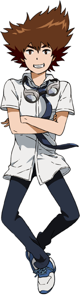 1boy black_pants blue_necktie brown_eyes brown_hair crossed_arms digimon digimon_adventure digimon_adventure_tri goggles goggles_around_neck official_art pants school_uniform shirt shoes simple_background smile sneakers solo spiky_hair teeth uki_atsuya white_shirt white_shoes yagami_taichi