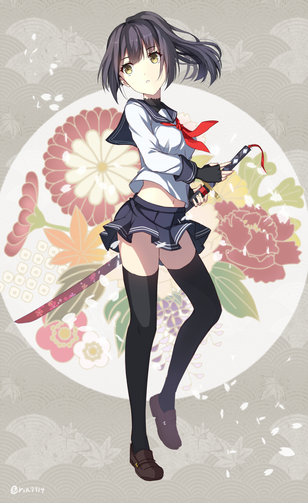 flower highres katana nikkunemu original ponytail purple_hair school_uniform sword thigh-highs weapon yellow_eyes