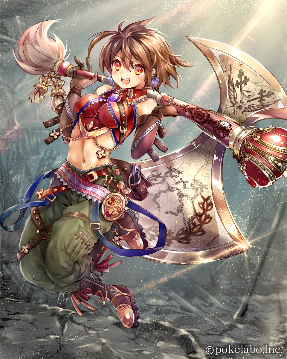 1girl axe breasts brown_eyes brown_hair highres huge_weapon madogawa official_art short_hair solo weapon