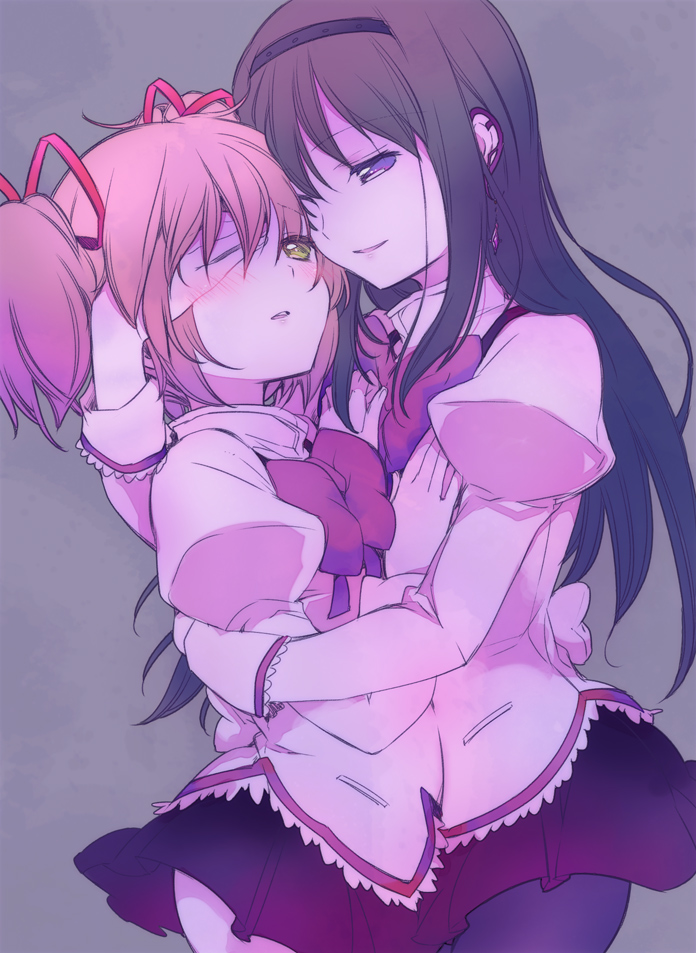 2girls akemi_homura black_hair blush bow covering_one_eye earrings hair_ribbon hairband hug jewelry kaname_madoka long_hair long_sleeves mahou_shoujo_madoka_magica mahou_shoujo_madoka_magica_movie multiple_girls pink_hair ribbon school_uniform single_earring twintails violet_eyes yamada_ako yellow_eyes yuri