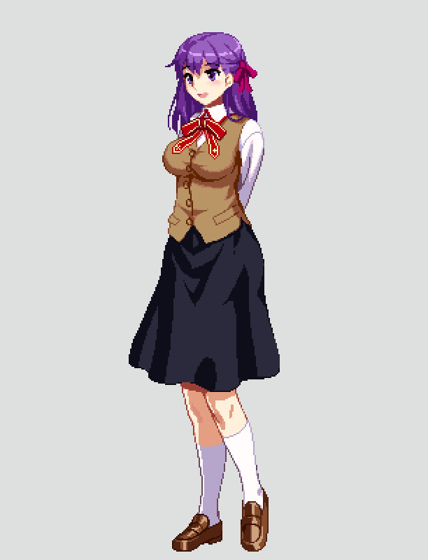1girl 774_(nanashi) arms_behind_back fate/stay_night fate_(series) grey_background hair_ribbon kneehighs loafers matou_sakura open_mouth pixel_art purple_hair ribbon school_uniform shoes simple_background skirt solo violet_eyes