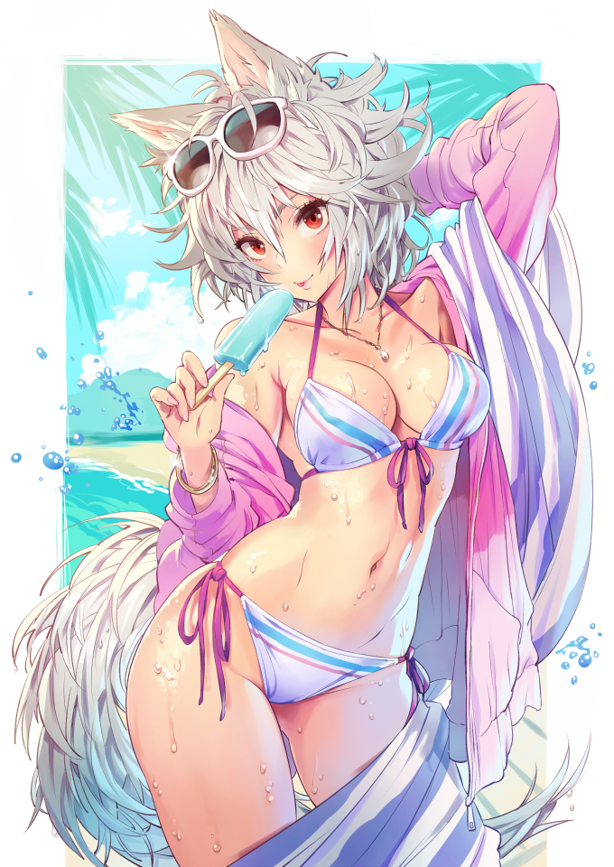 1girl :p alternate_costume animal_ears arm_up beach bikini bracelet breasts cleavage contrapposto front-tie_top groin hair_between_eyes inubashiri_momiji jacket jewelry large_breasts looking_at_viewer matsuda_(matsukichi) navel necklace off_shoulder outdoors palm_tree pendant popsicle red_eyes side-tie_bikini silver_hair smile solo sparkle sunglasses sunglasses_on_head sweat swimsuit tail tongue tongue_out touhou tree water_drop wolf_ears wolf_tail