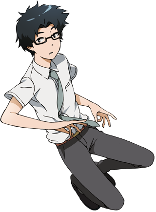 1boy belt black_eyes black_hair black_shoes digimon digimon_adventure digimon_adventure_tri glasses grey_necktie grey_pants kido_jou lowres official_art parted_lips school_uniform shirt shoes simple_background solo uki_atsuya white_shirt