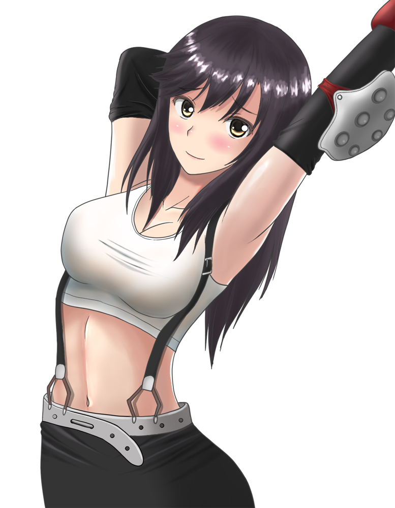 1girl armpits arms_up belt black_hair blush breasts brown_eyes cleavage crop_top cute elbow_gloves final_fantasy final_fantasy_vii gloves ichijou_hotaru large_breasts long_hair media_factory midriff navel non_non_biyori silver_link skirt solo square_enix suspenders tifa_lockhart tifa_lockhart_(cosplay) white_background