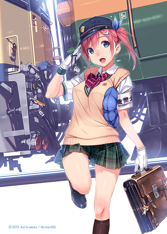 1girl blue_eyes briefcase hat pink_hair plaid plaid_skirt pocket_watch salute short_hair side_ponytail skirt smile solo train vania600 watch