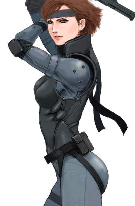 1girl ass bodysuit breasts brown_hair cowboy_shot desert_eagle elbow_pads from_side green_eyes gun handgun headband izo_(bjc000510) lips meryl_silverburgh metal_gear_(series) metal_gear_solid nose short_hair sneaking_suit solo weapon