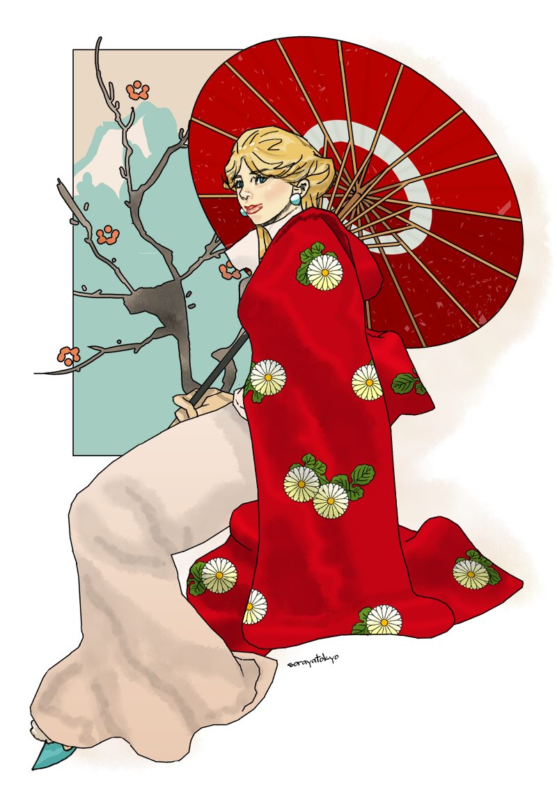 1girl blonde_hair erina_pendleton japanese_clothes jojo_no_kimyou_na_bouken kimono parasol solo tanaka_kaori umbrella