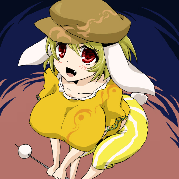 1girl animal_ears beret blonde_hair breasts bunny_tail collarbone dango fang food from_above hat large_breasts legacy_of_lunatic_kingdom oro_(zetsubou_girl) rabbit_ears red_eyes ringo_(touhou) solo tail touhou wagashi