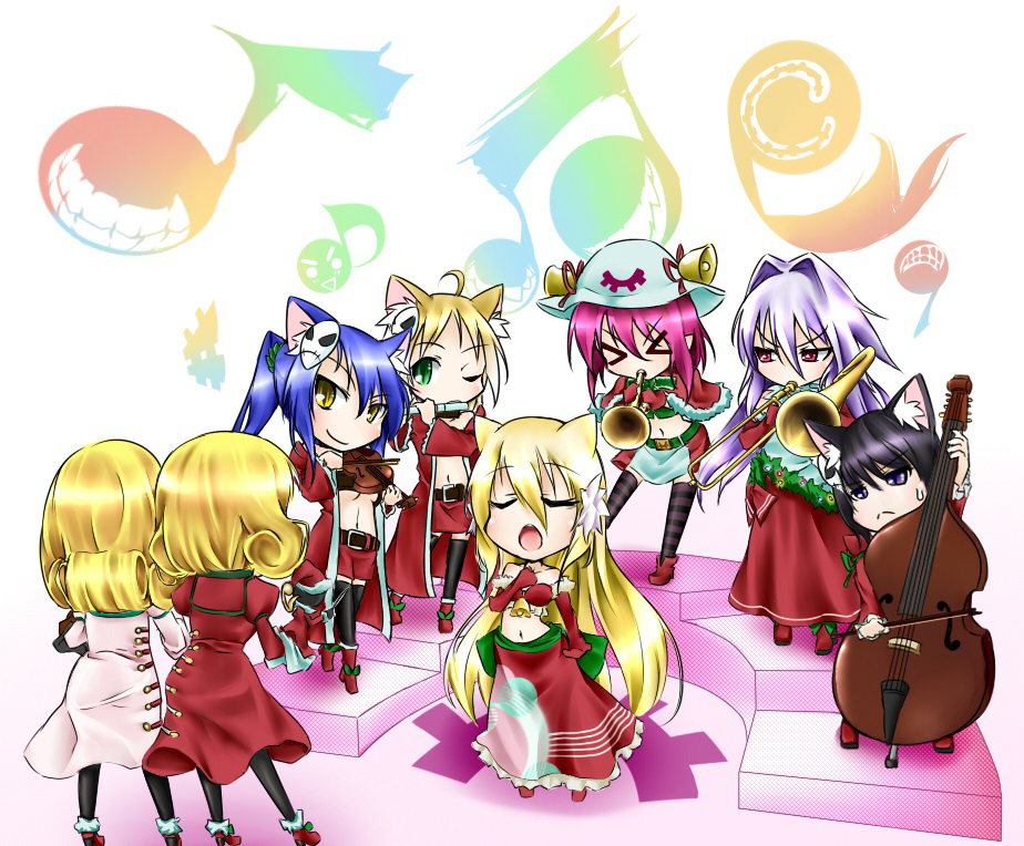 6+girls :&lt; aeolian_achtelnote albireo_(yumekui_merry) animal_ears black_hair black_legwear blonde_hair blue_hair boots bow cat_ears cello christmas clione curled_up elbow_gloves engi_threepiece flute fur_trim gloves green_eyes grin instrument ionian_achtelnote long_hair merry_nightmare midriff multiple_girls musical_note open_mouth orchestra ponytail purple_hair rana_(yumekui_merry) red_eyes santa_costume sappaz short_hair singing smile spica_(yumekui_merry) striped striped_legwear sweatdrop trombone trumpet very_long_hair violet_eyes violin yellow_eyes yumekui_merry