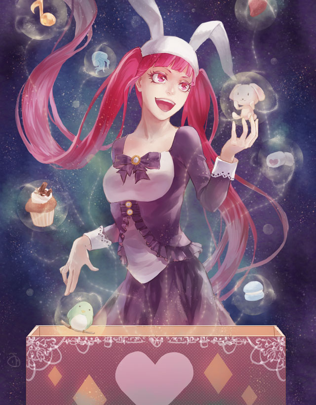 animal_hood bleach box bubble bunny_hood dokugamine_riruka folie_(cac82622) jellyfish long_hair muffin musical_note open_mouth red_eyes redhead sky smile star_(sky) starry_sky sweets twintails very_long_hair