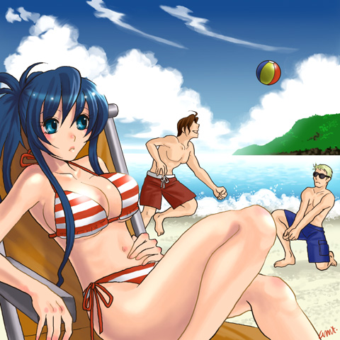 beach beachball bikini blue_eyes blue_hair breasts clark_still cleavage cloud king_of_fighters large_breasts legs leona_heidern long_hair lowres ocean ponytail ralf_jones sakura_mafumi side-tie_bikini sky striped striped_bikini striped_swimsuit swimsuit thighs