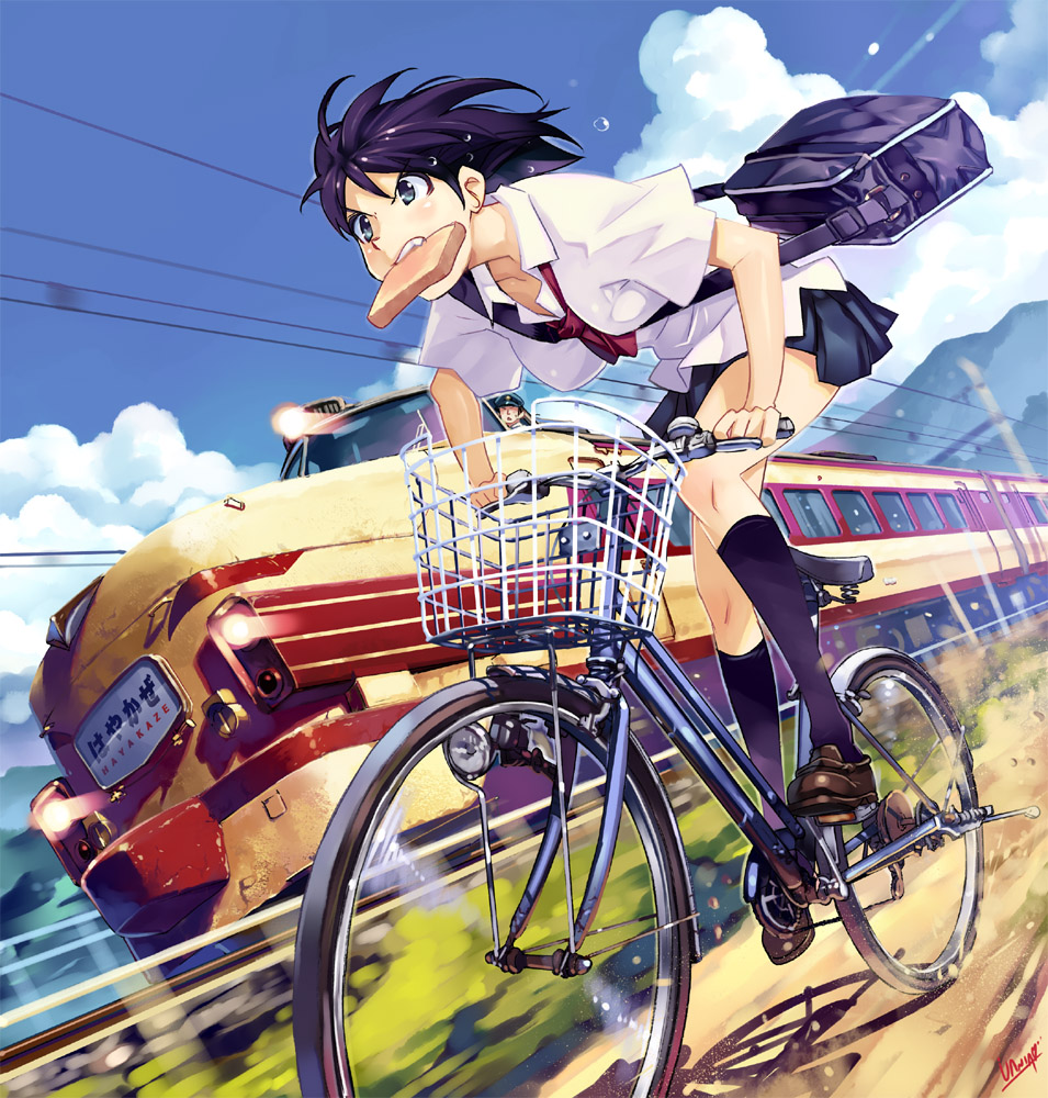 basket bicycle black_eyes black_hair dutch_angle kneehighs motion_blur mouth_hold original perspective pleated_skirt power_lines racing riding school_bag school_uniform shoulder_bag skirt socks solo strap_cleavage sweat toast toast_in_mouth train vania600