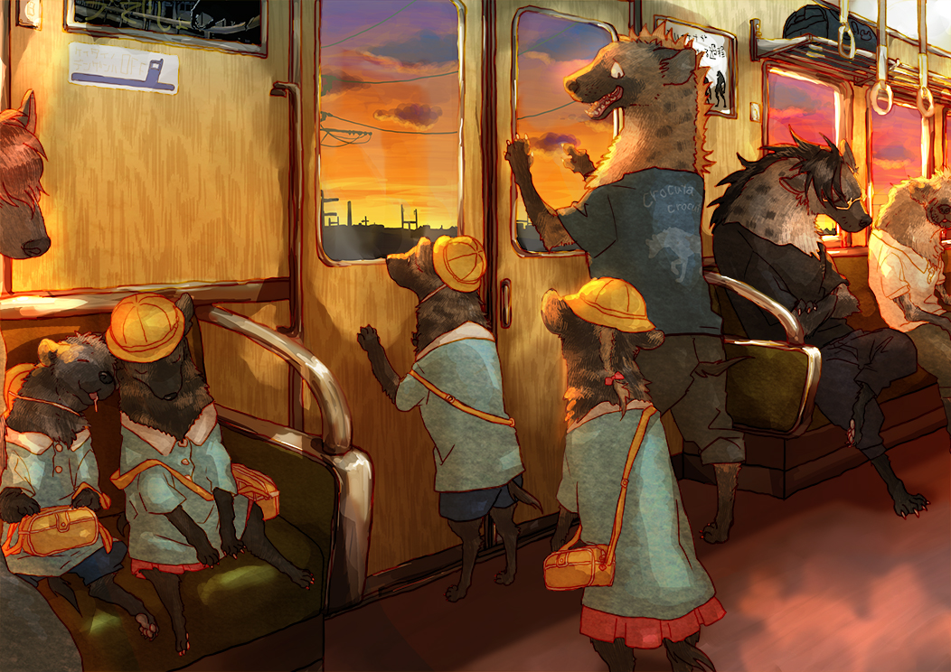 drooling furry glasses hyena kindergarten_uniform marosan no_humans original sleeping sunset train train_interior