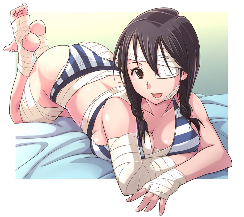 ass bandage bandages bare_shoulders barefoot bikini braid breast_press breasts brown_eyes cleavage collarbone e20 eyepatch feet hands kobushi_abiru large_breasts lying on_stomach sayonara_zetsubou_sensei sideboob solo sprain striped striped_bikini striped_swimsuit swimsuit twin_braids