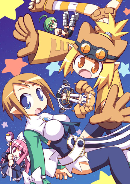 :o ahoge animal_hat archer_(disgaea) armor arms_up ascot back bandeau bangs bare_shoulders belt beltbra between_breasts bike_shorts blonde_hair blue_eyes blue_legwear blunt_bangs boots bow breasts cat_hat covering covering_crotch denim denim_shorts detached_sleeves disgaea disgaea_2 dress drill_hair everyone flat_chest floating flying foreshortening frills gem gloves goggles goggles_on_head green_eyes green_hair hair_bow hairband hat holding impossible_clothes impossible_shirt jacket large_breasts legs_up loincloth lolita_fashion long_hair looking_at_viewer looking_back mage_(disgaea) magic_knight_(disgaea) makai_senki_disgaea_2 multiple_girls orange_eyes orange_hair orange_legwear osaragi_mitama parted_bangs paws pink_eyes pink_hair pointy_ears ponytail prinny shirt short_shorts shorts sky slit_pupils space spread_legs staff standing star star_(sky) starry_sky striped striped_legwear surprised tabard thief_(disgaea) thigh_boots thighhighs turtleneck twin_drills very_long_hair warrior_(disgaea) weapon white_legwear wide_sleeves wrist_cuffs wristband