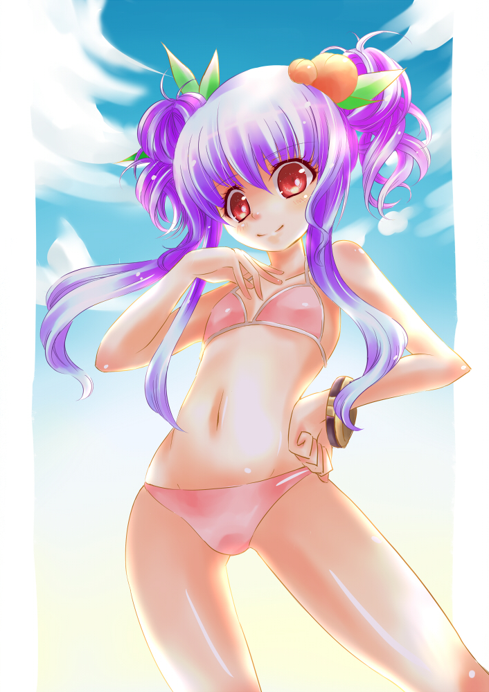 bikini blue_hair flat_chest food food_as_clothes food_themed_clothes fruit hinanawi_tenshi peach red_eyes short_hair swimsuit taoru touhou