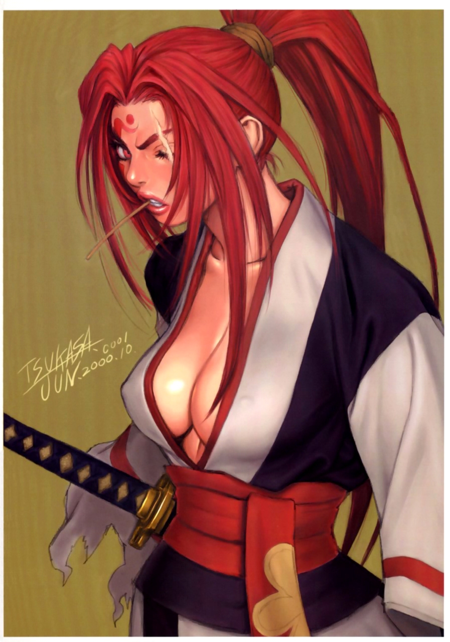 amputee angry baiken breasts cleavage clenched_teeth erect_nipples facial_mark forehead_mark guilty_gear haori highres japanese_clothes kataginu large_breasts lips lipstick long_hair looking_at_viewer looking_back no_bra obi one-eyed open_clothes open_shirt payot ponytail profile red_eyes red_hair red_lipstick samurai scan scar scrunchie sheath shirt signature solo standing sword torn_clothes tsukasa_jun weapon wide_sleeves