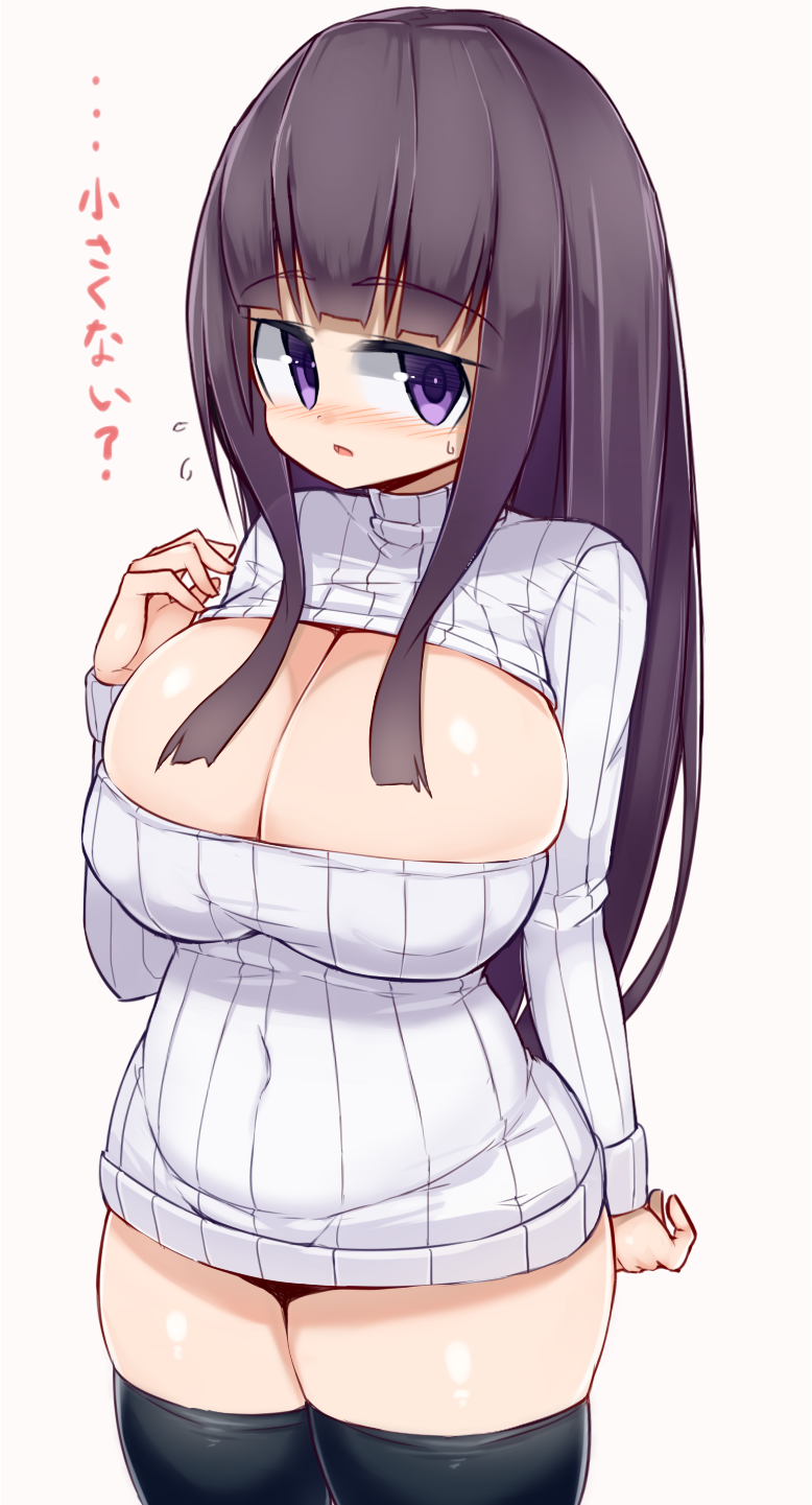 1girl belly black_hair black_legwear blush breasts bursting_breasts d: highres large_breasts long_hair looking_at_viewer navel open-chest_sweater open_mouth original plump ribbed_sweater sawati solo sweater thick_thighs thigh-highs thighs violet_eyes