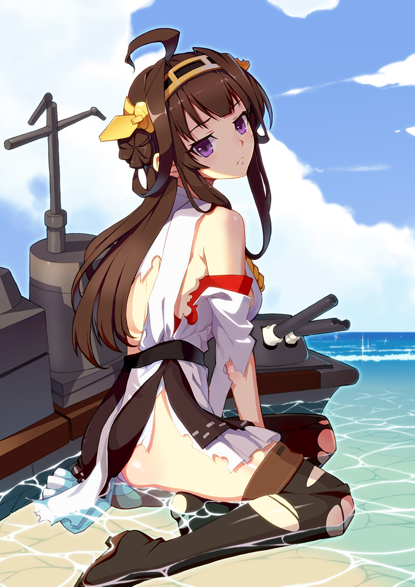 1girl ahoge brown_hair cannon kantai_collection kongou_(kantai_collection) long_hair looking_back nontraditional_miko sitting solo thigh-highs torn_clothes violet_eyes vmax-ver wariza water