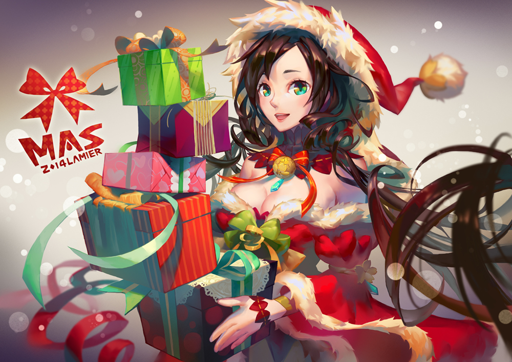 1girl 2014 black_hair box breasts character_request christmas cleavage detached_collar detached_sleeves gift gift_box green_eyes hat lamier lips long_hair nose parted_lips santa_costume santa_hat smile solo wide_sleeves